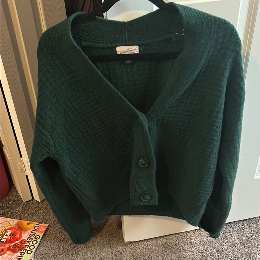 Cozy Deep Green V-Neck Button Sweater - Women's